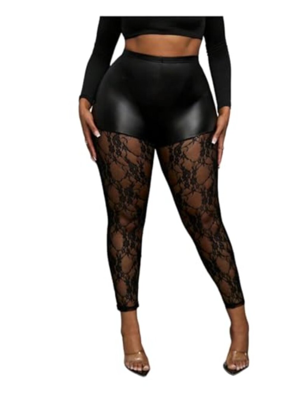 Plus Size Faux Leather Floral Lace Mesh Sheer High Waisted Skinny Leggings